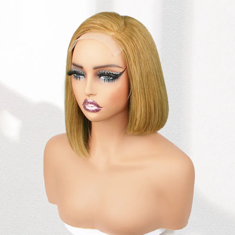 #10 Medium Golden Brown Color Blunt Cut Bob Side Part Straight Hair 5x5 Transparent Lace Closure Wigs