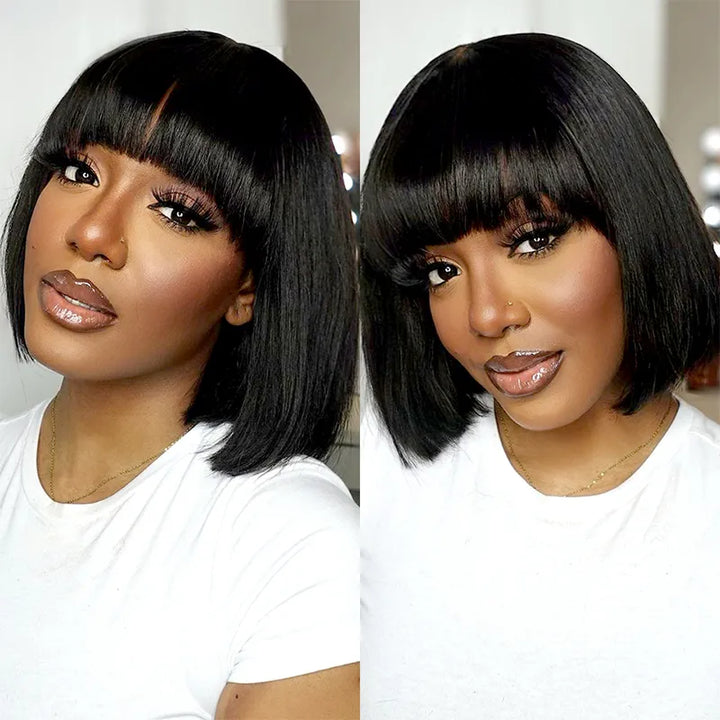 #1B Bob Short Human Hair Straight Wig With Bang