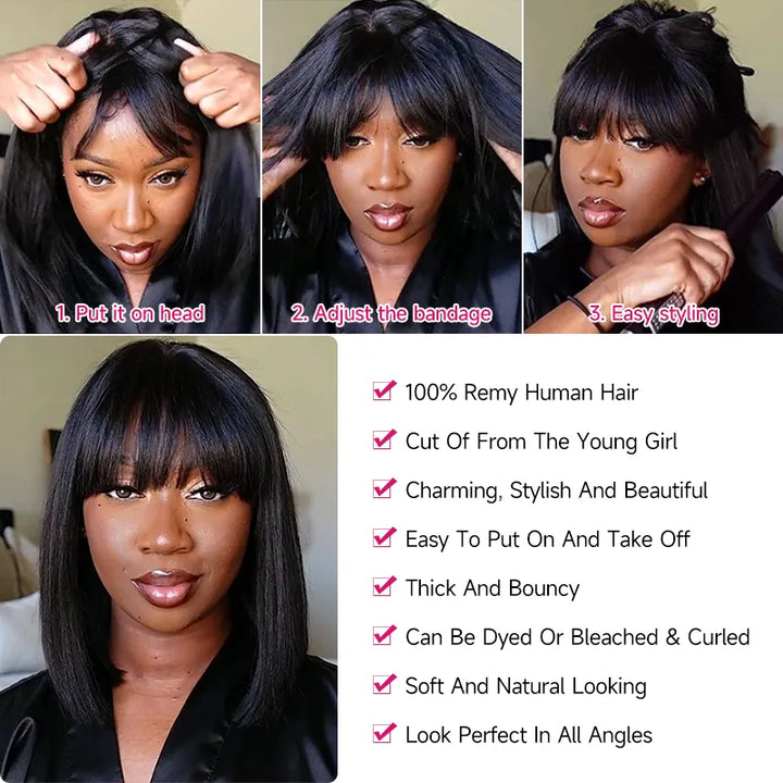 2x6 Closure Lace Straight Human Hair Bob Wig With Bang