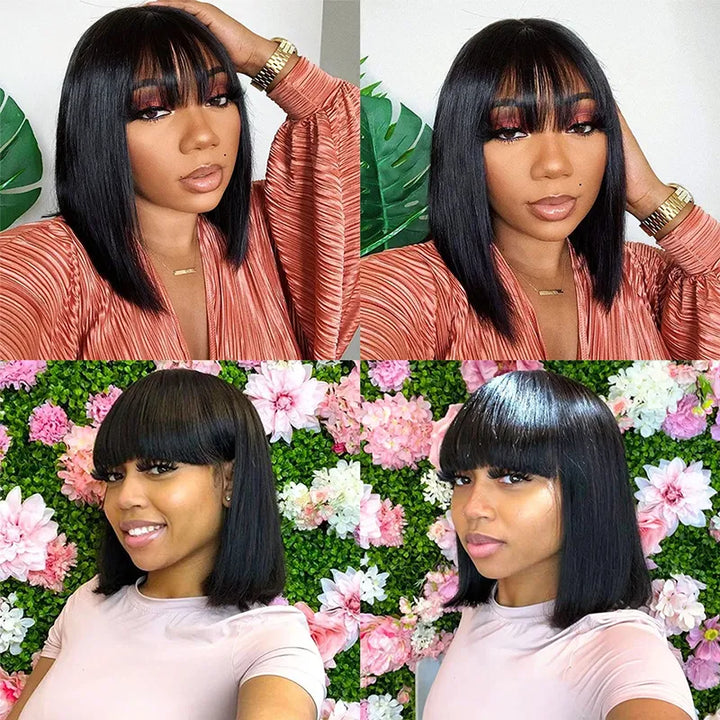2x6 Closure Lace Straight Human Hair Bob Wig With Bang