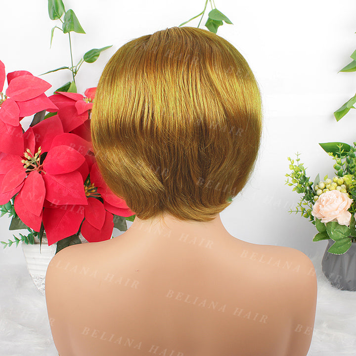 #30 Light Auburn Brown Pixie Cut Short Straight Human Hair 13x4 Transparent Lace Front Wig