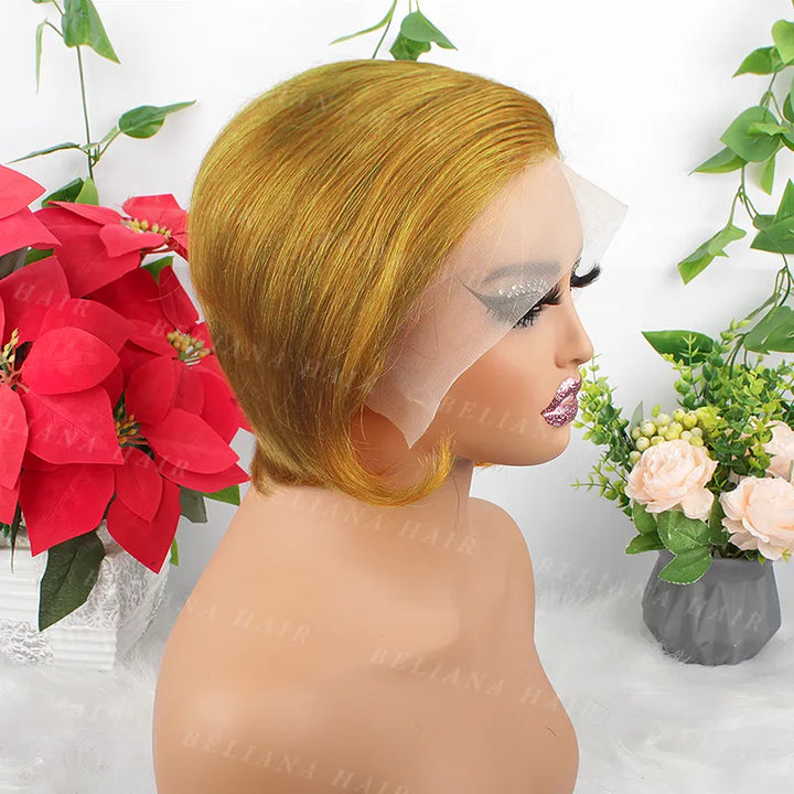 #30 Light Auburn Brown Pixie Cut Short Straight Human Hair 13x4 Transparent Lace Front Wig
