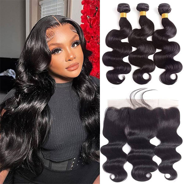 Body Wave 3 Bundles with 13x4 Transparent Lace Frontal Human Hair Weave