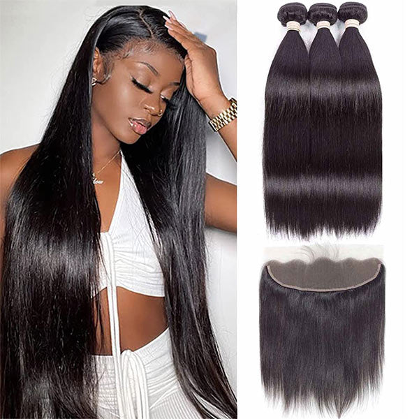 Straight Virgin Hair 3 Bundles with 13x4 Transparent Lace Frontal Pre Plucked