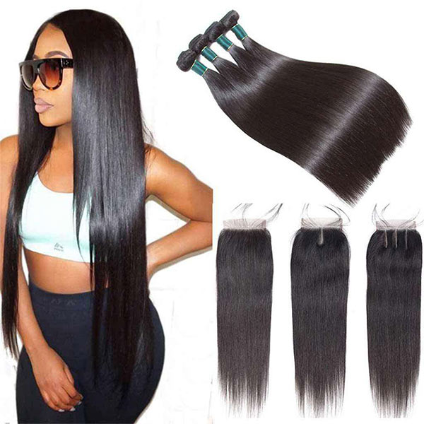 Straight Human Hair 4 Bundles with 4x4 Transparent Lace Closure Pre Plucked