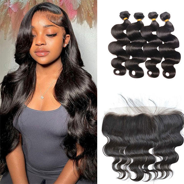 Body Wave 4 Bundles with 13X4 Transparent Lace Frontal Virgin Human Hair