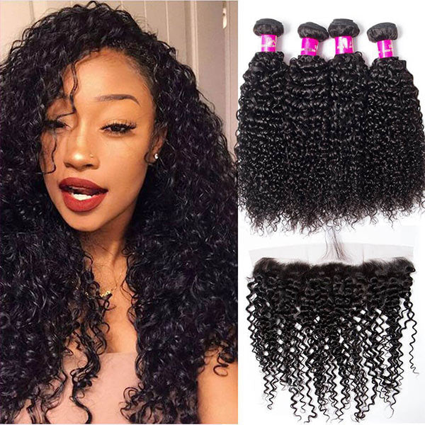 Jerry Curly 4 Bundles with 13X4 Transparent Lace Frontal Human Hair Extensions