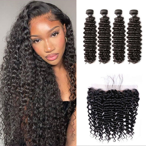 Deep Wave 4 Bundles with 13X4 Transparent Lace Frontal Natural Hairline