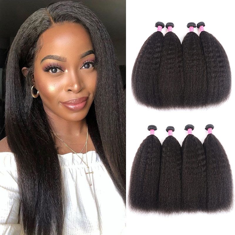 4 Bundles Kinky Straight Human Hair Weave Natural Color
