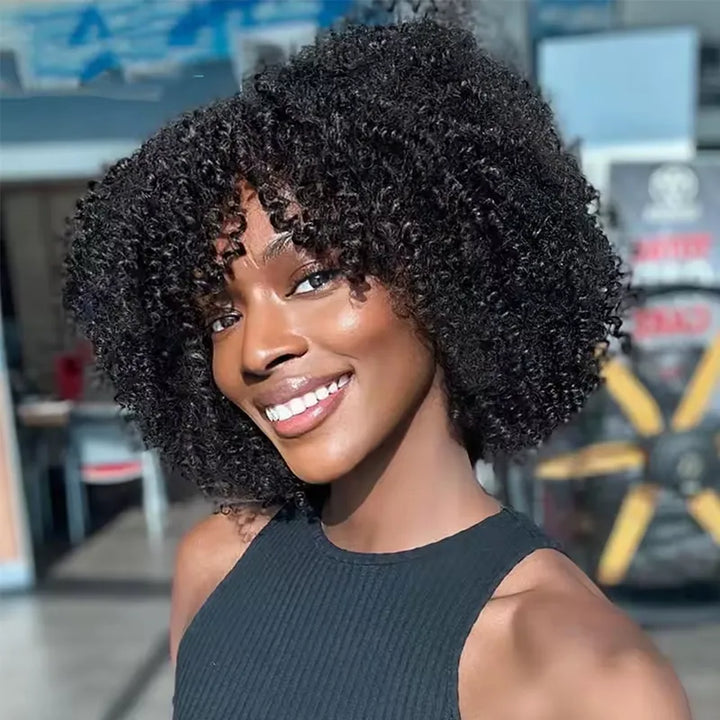 Short Bob Jerry Curly Human Hair Wig With Bang