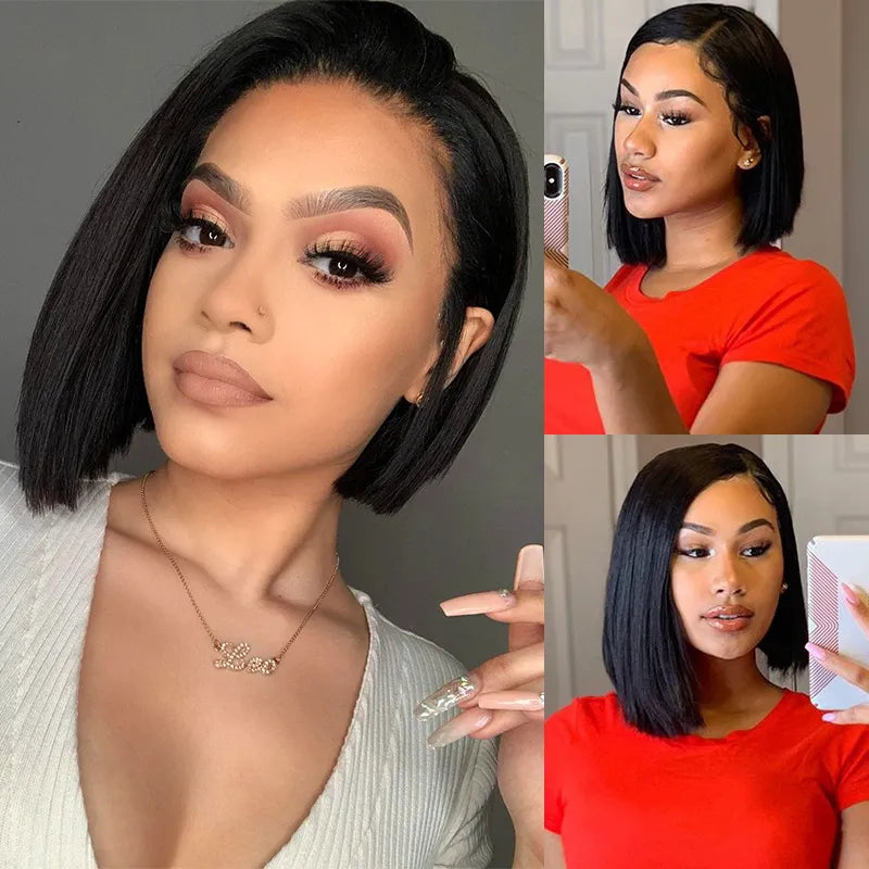 Blunt Cut Bob Side Part Straight Hair 5x5 Transparent Lace Closure Wigs