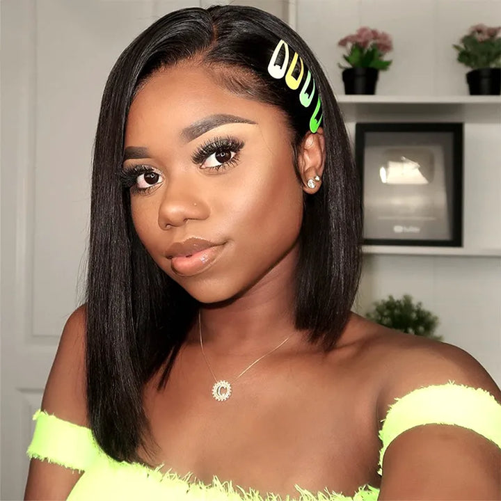 Blunt Cut Bob Side Part Straight Hair 5x5 Transparent Lace Closure Wigs