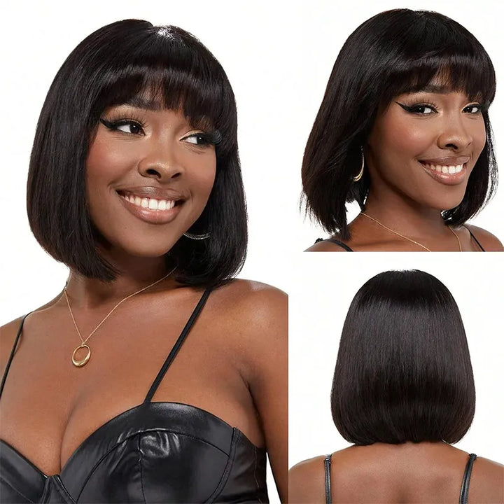 #1B Bob Short Human Hair Straight Wig With Bang