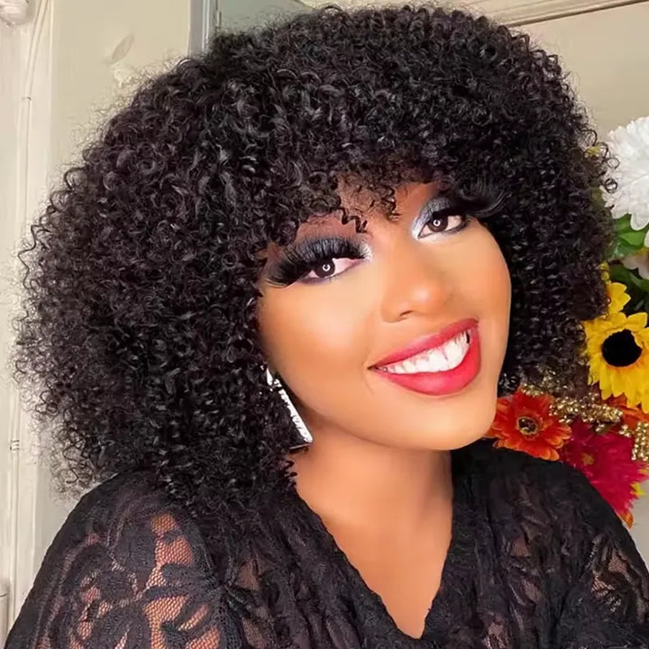 Short Bob Jerry Curly Human Hair Wig With Bang
