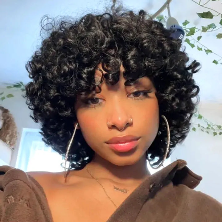 Egg Roll Bob Curly #1B Human Hair Wigs With Bang
