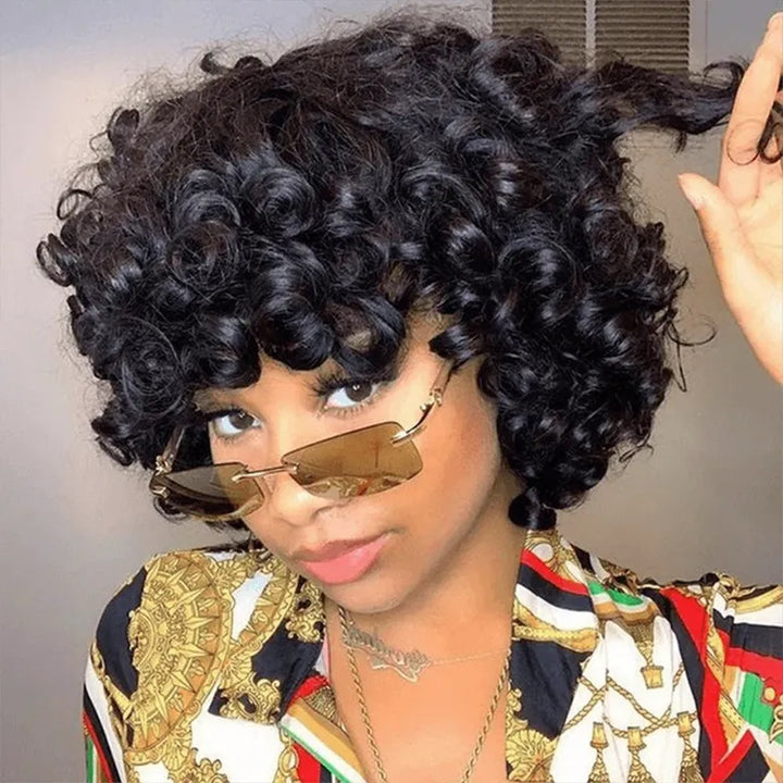 Egg Roll Bob Curly #1B Human Hair Wigs With Bang