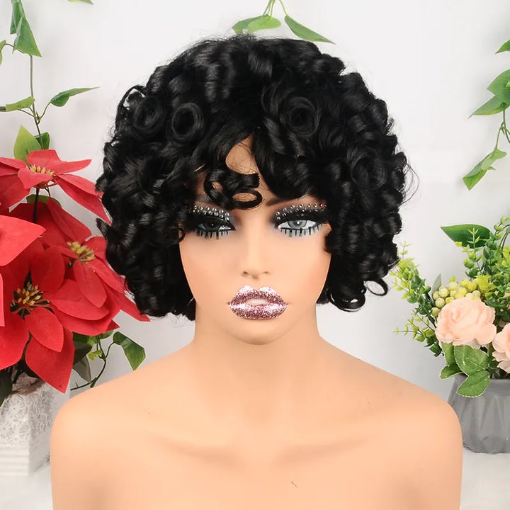 Egg Roll Bob Curly #1B Human Hair Wigs With Bang