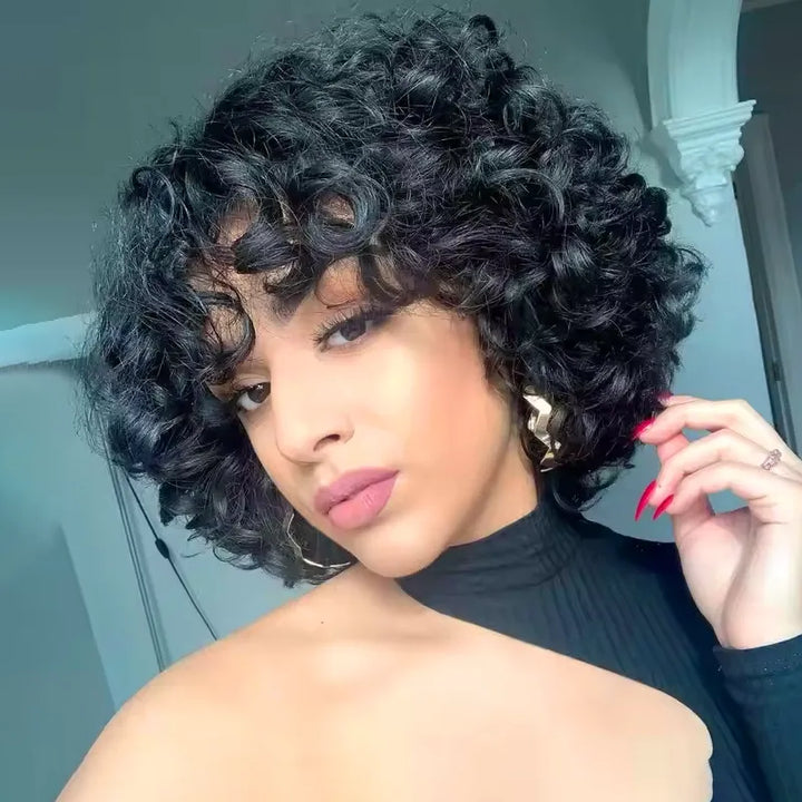 Egg Roll Bob Curly #1B Human Hair Wigs With Bang