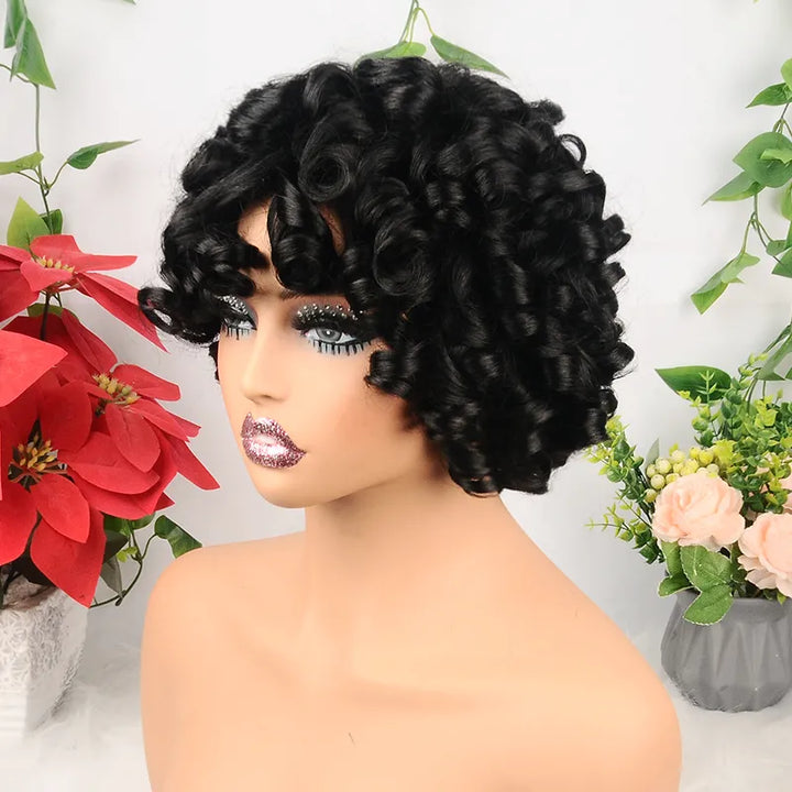 Egg Roll Bob Curly #1B Human Hair Wigs With Bang