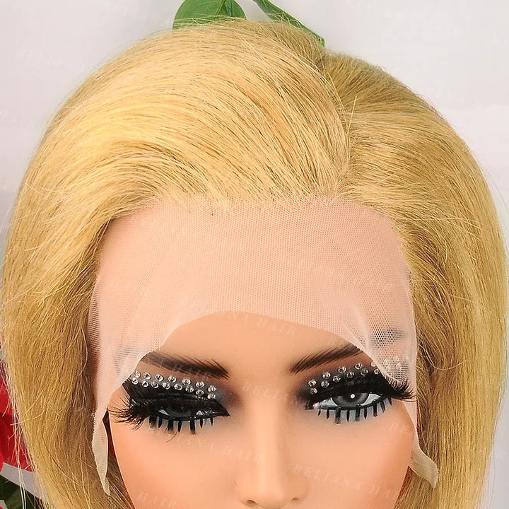 Honey Blonde Pixie Cut Short Straight Human Hair 13x4 Transparent Lace Front Wig