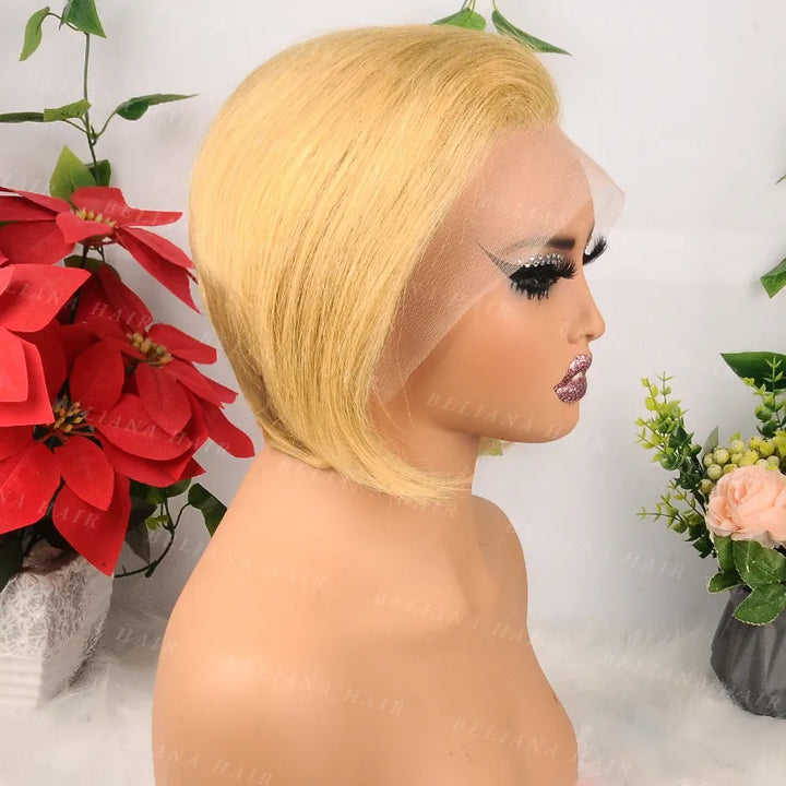 Honey Blonde Pixie Cut Short Straight Human Hair 13x4 Transparent Lace Front Wig