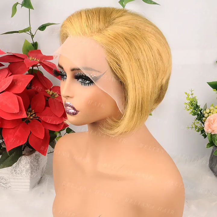 Honey Blonde Pixie Cut Short Straight Human Hair 13x4 Transparent Lace Front Wig