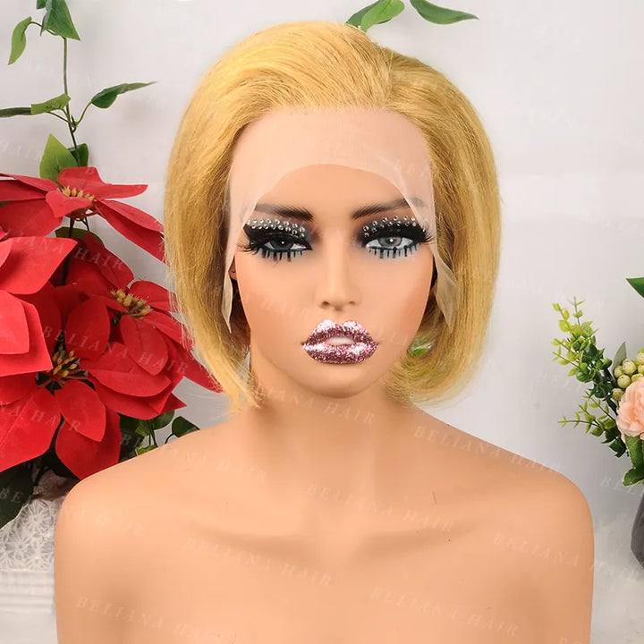 Honey Blonde Pixie Cut Short Straight Human Hair 13x4 Transparent Lace Front Wig