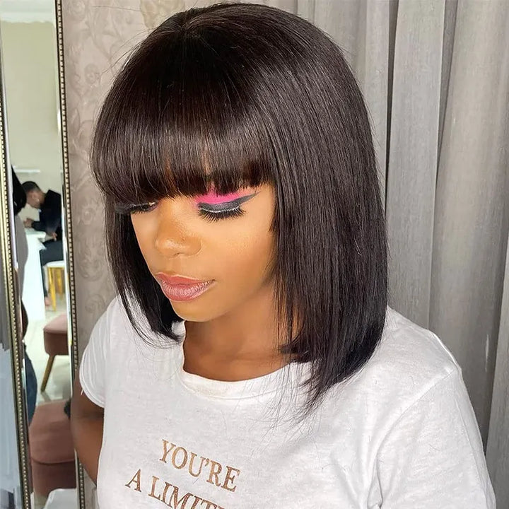 #1B Bob Short Human Hair Straight Wig With Bang