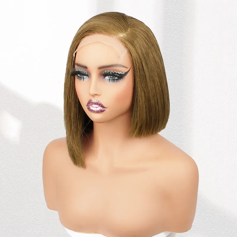 Medium Brown Color Blunt Cut Bob Side Part Straight Hair 5x5 Transparent Lace Closure Wigs