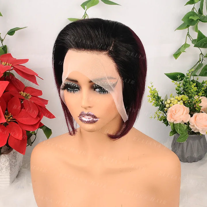 Ombre 1B/99J Pixie Cut Short Straight Human Hair 13x4 Transparent Lace Front Wig