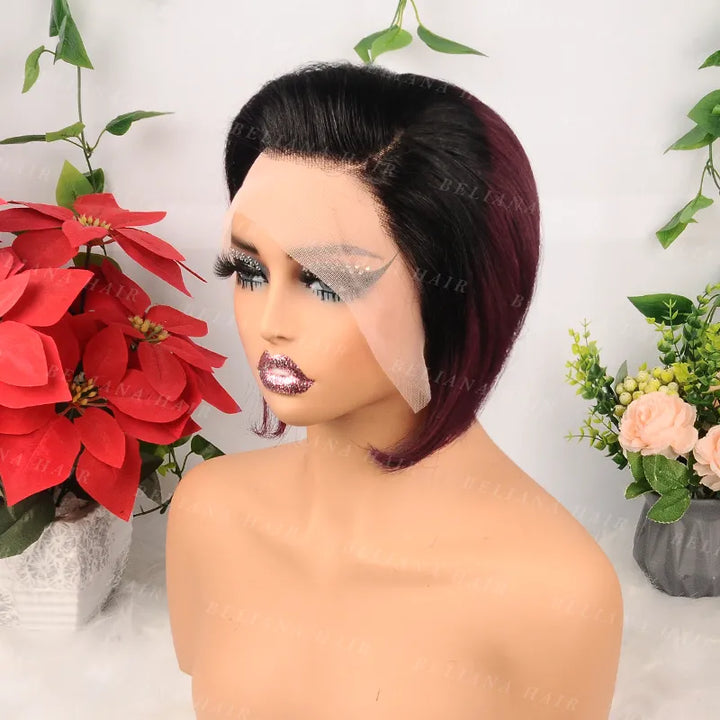 Ombre 1B/99J Pixie Cut Short Straight Human Hair 13x4 Transparent Lace Front Wig