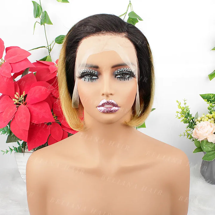 Ombre 1B Honey Blonde Pixie Cut Short Straight Human Hair 13x4 Transparent Lace Front Wig