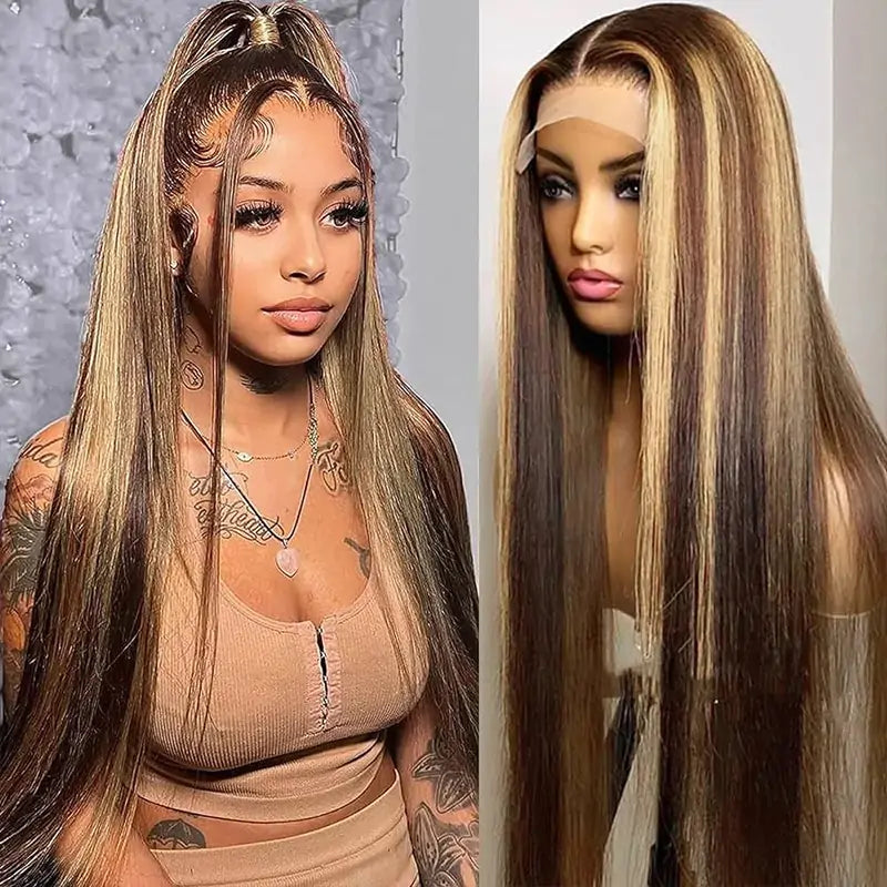 Piano Colored Hair 13x4 Transparent Lace Frontal Straight Wig