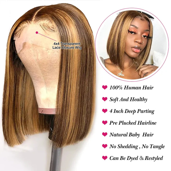 Piano Highlight 4x4 Lace Closure Straight Hair Bob Wig