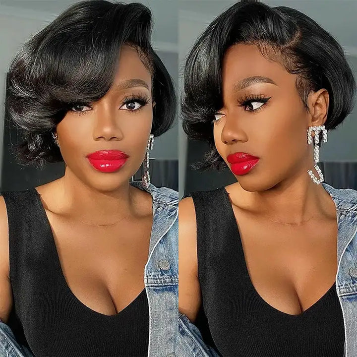 Pixie Cut 1B Short Straight Human Hair 13x4 Transparent Lace Front Wig