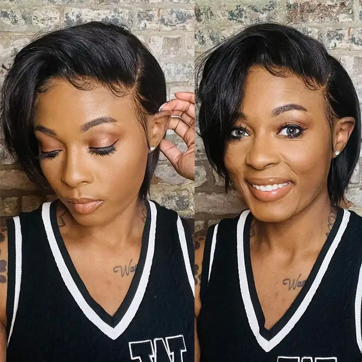 Pixie Cut 1B Short Straight Human Hair 13x4 Transparent Lace Front Wig