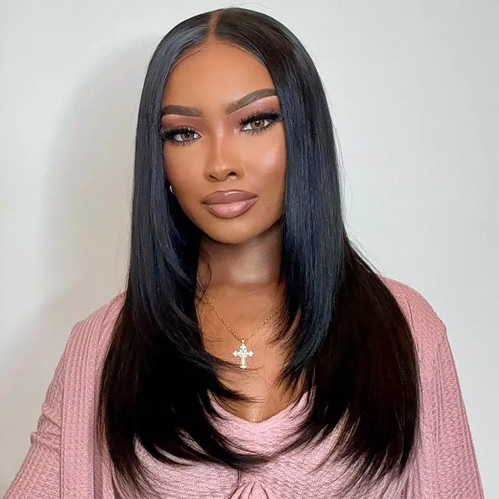Pre-cut Layer 5x5 Lace Closure Bob Wig Straight Human Hair Salon Hairstyle