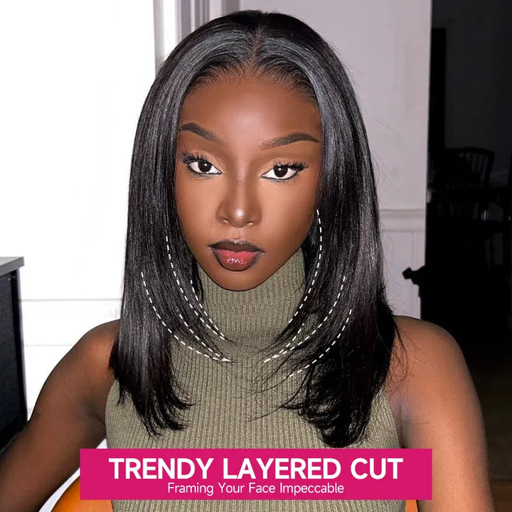 Pre-cut Layer 5x5 Lace Closure Bob Wig Straight Human Hair Salon Hairstyle