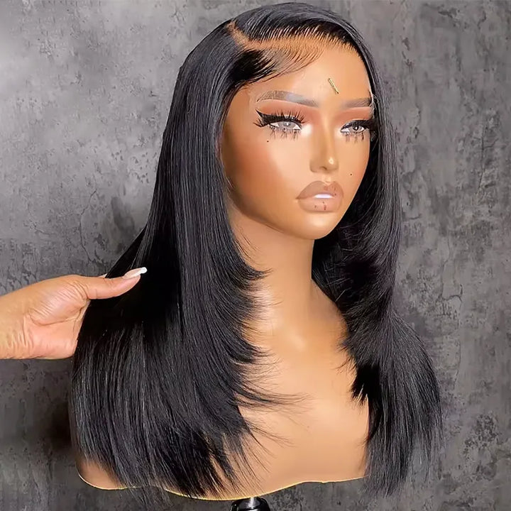 Pre-cut Layer 5x5 Lace Closure Bob Wig Straight Human Hair Salon Hairstyle