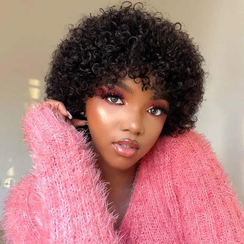 Short Bob Curly Human Hair Wigs With Bang