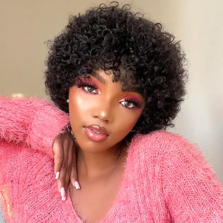 Short Bob Curly Human Hair Wigs With Bang