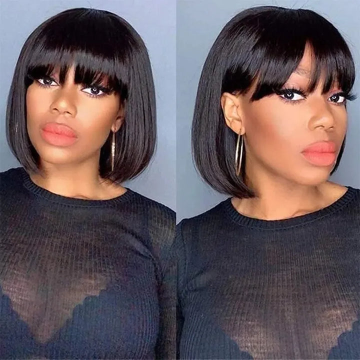 #1B Bob Short Human Hair Straight Wig With Bang