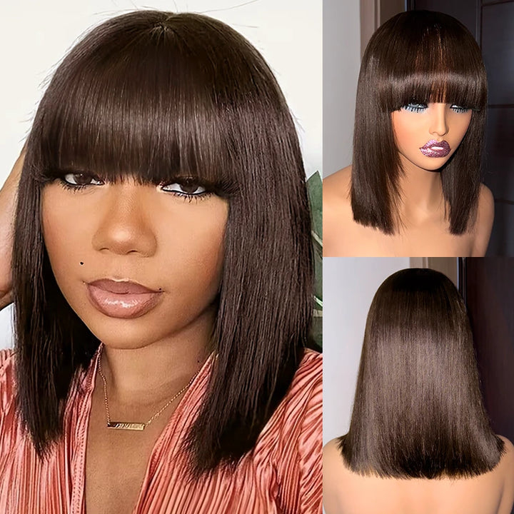 #1B Bob Short Human Hair Straight Wig With Bang