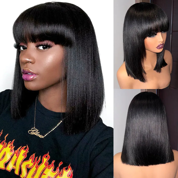 #1B Bob Short Human Hair Straight Wig With Bang