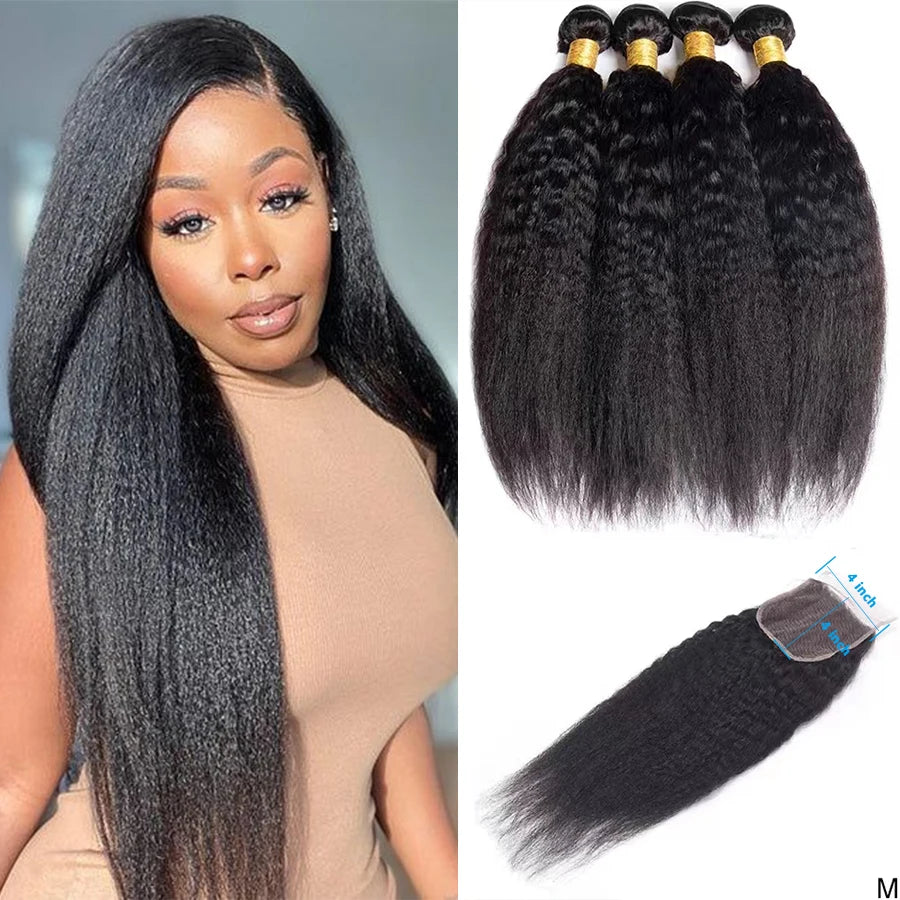 Kinky Straight 4 Bundles with 4x4 Transparent Lace Closure Natural Look