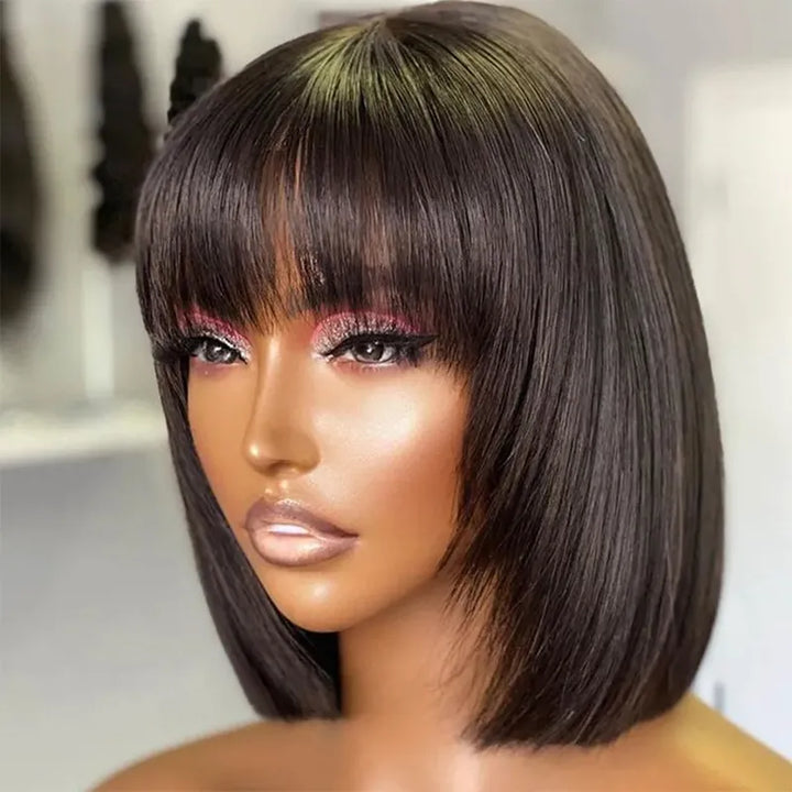 #1B Bob Short Human Hair Straight Wig With Bang