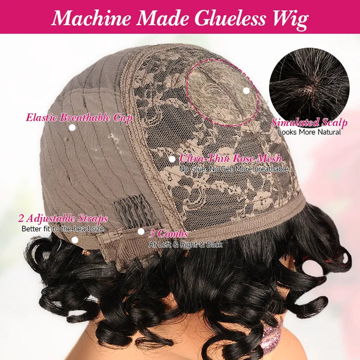 Egg Roll Bob Curly #1B Human Hair Wigs With Bang