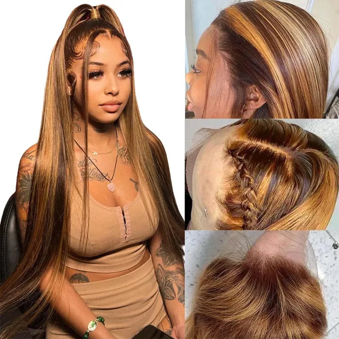 Piano Colored Hair 13x4 Transparent Lace Frontal Straight Wig