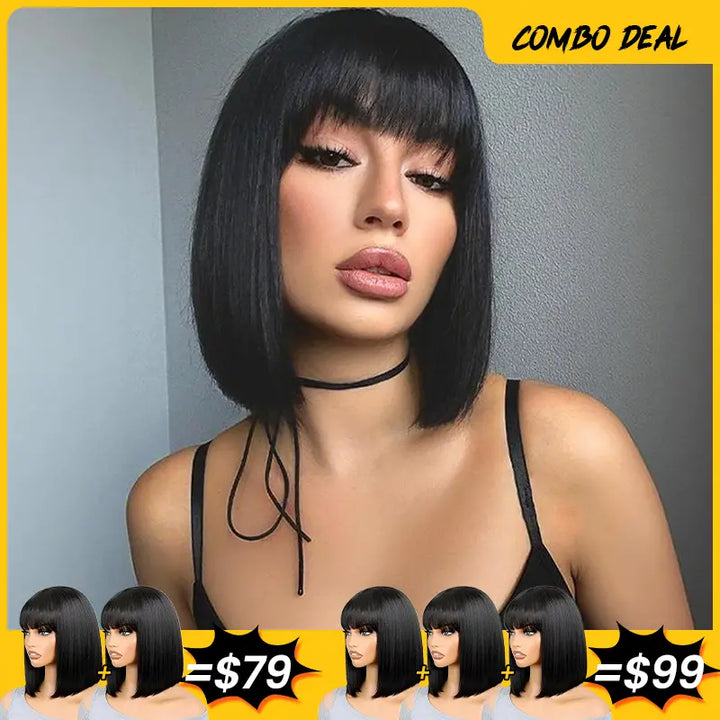 Perruque courte en cheveux humains raides avec frange #1B 