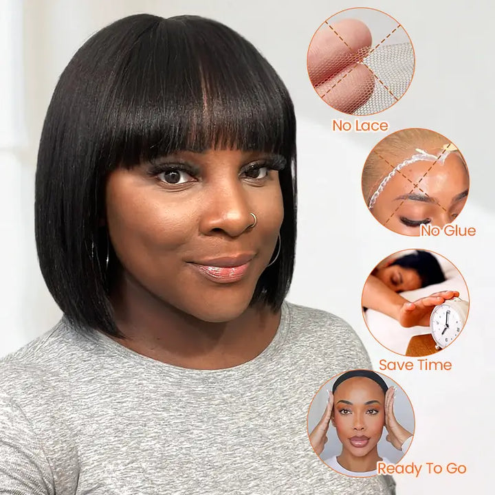 Human Hair Bob Wig with Bangs – Ready to Wear | No Glue, Beginner Friendly